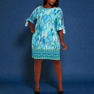 London Times Tie Sleeve Shift Dress Size 12 Coastal Turquoise Print